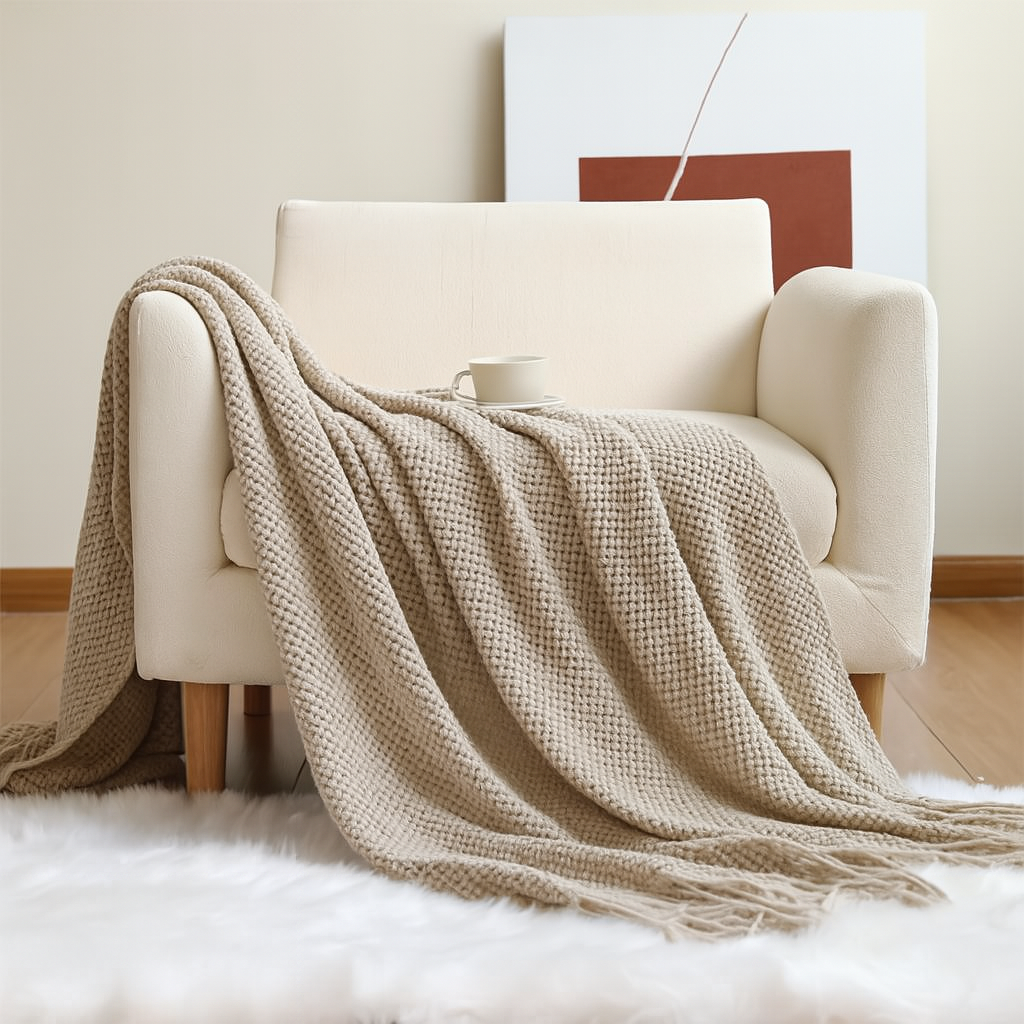 Khaki Textured Knit Throw Blanket with Fringe 50" x 60"