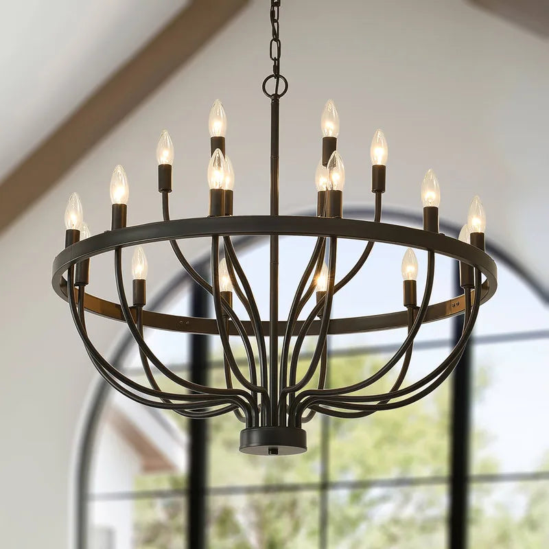 Modern Farmhouse Candle Chandelier Black Large Wagon Wheel Chandeliers