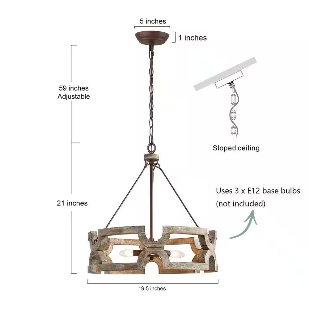 Modern Farmhouse Solid Wood Drum Island Chandelier 3-Light Rustic Brown Pendant Light for Dining Room Kitchen Entryway
