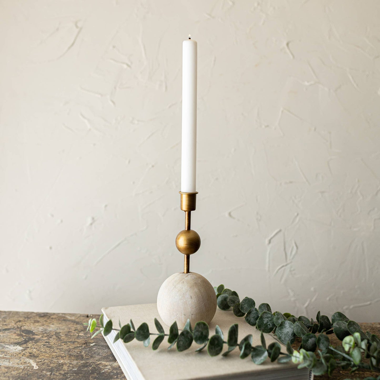 Jude Brass Stacked Sphere Taper Candle Holder - Wood & Metal