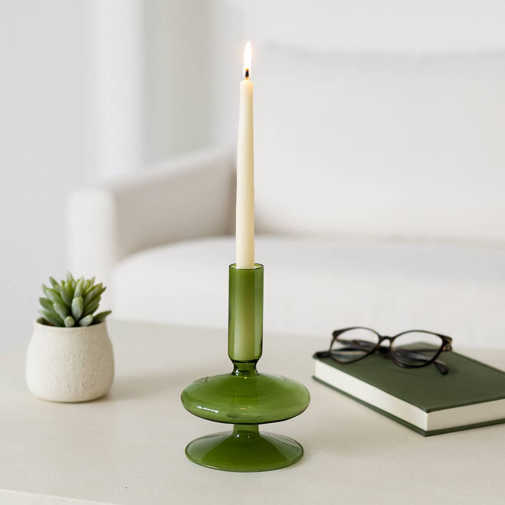 Glass Vintage Abstract Taper Candle Holder - Green 5 in.
