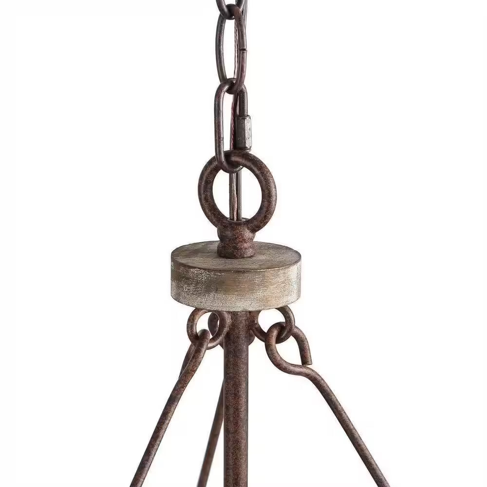 Modern Farmhouse Solid Wood Drum Island Chandelier 3-Light Rustic Brown Pendant Light for Dining Room Kitchen Entryway