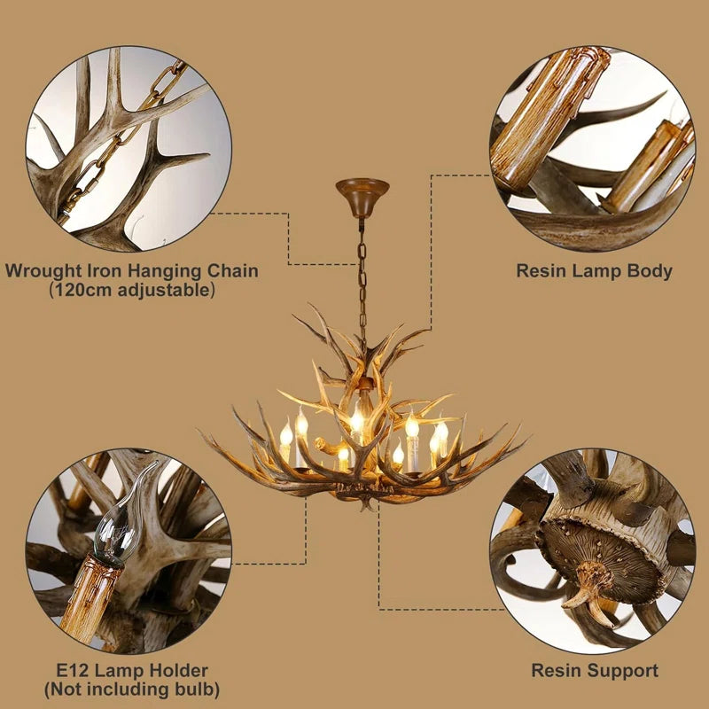Antler Chandelier Lighting Double Layer, 14 Antlers + 8 Lights Retro Country Style Deer Horn Chandelier Lighting with E12 Base, Antler Lamp for Cafes, Bars, Kitchen