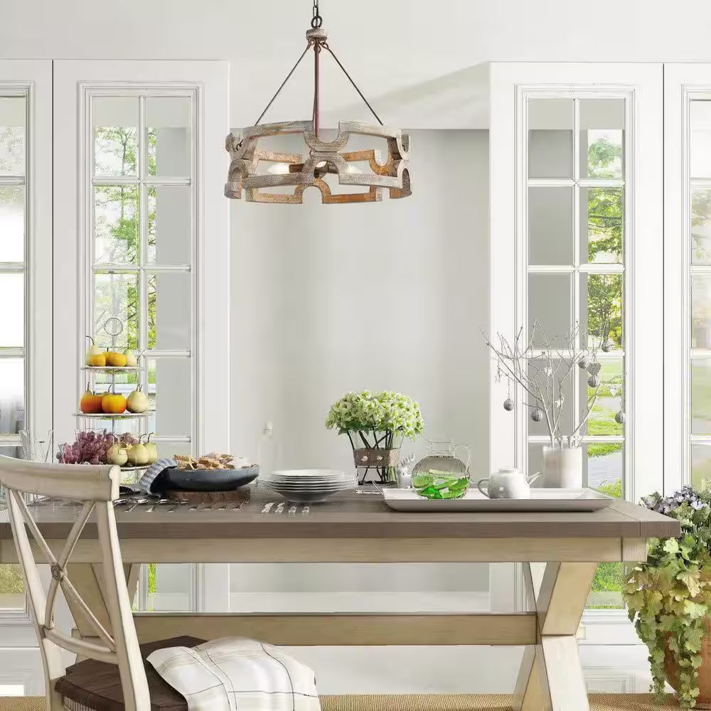 Modern Farmhouse Solid Wood Drum Island Chandelier 3-Light Rustic Brown Pendant Light for Dining Room Kitchen Entryway