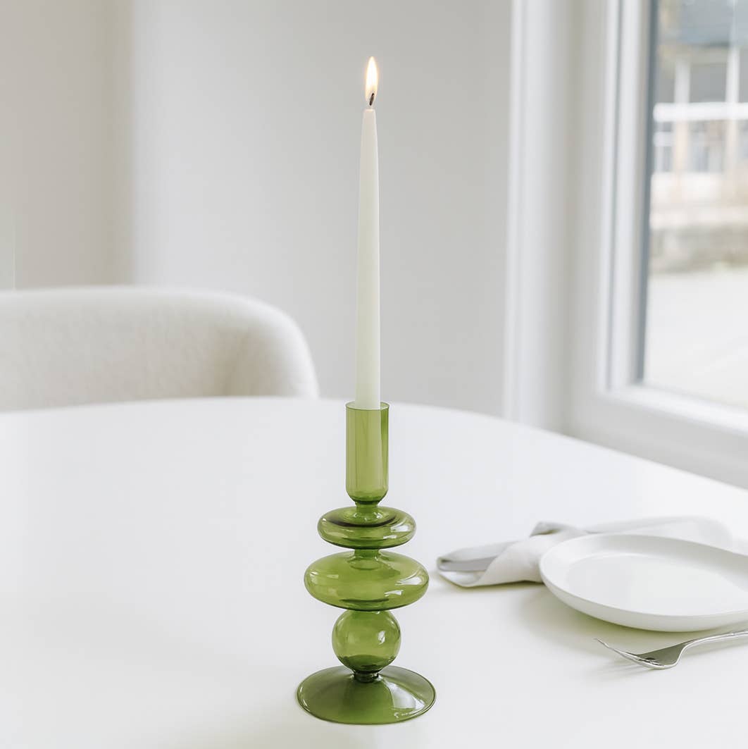 Glass Vintage Bubble Taper Candle Holder - Green 7 in.