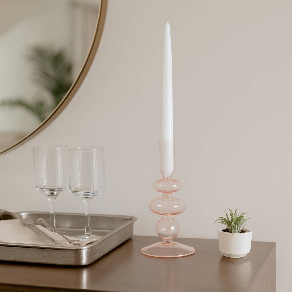 Glass Vintage Sculptural Taper Candle Holder - Pink 7 in.