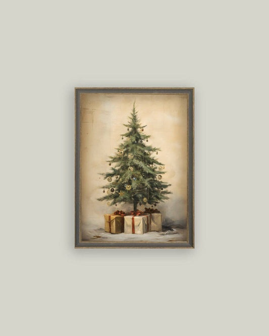 Christmas Tree with Presents Framed Antique Art 11x15