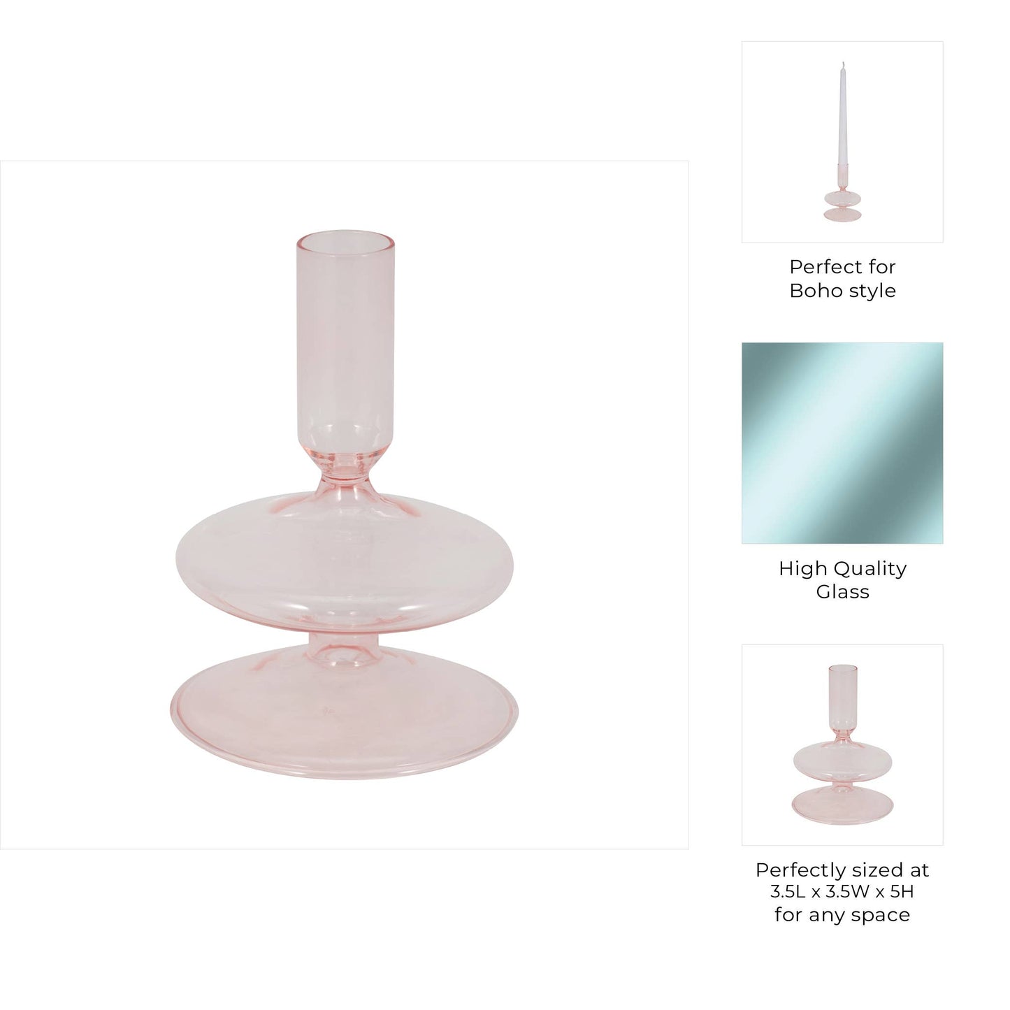 Glass Vintage Bubble Taper Candle Holder - Pink 5 in.