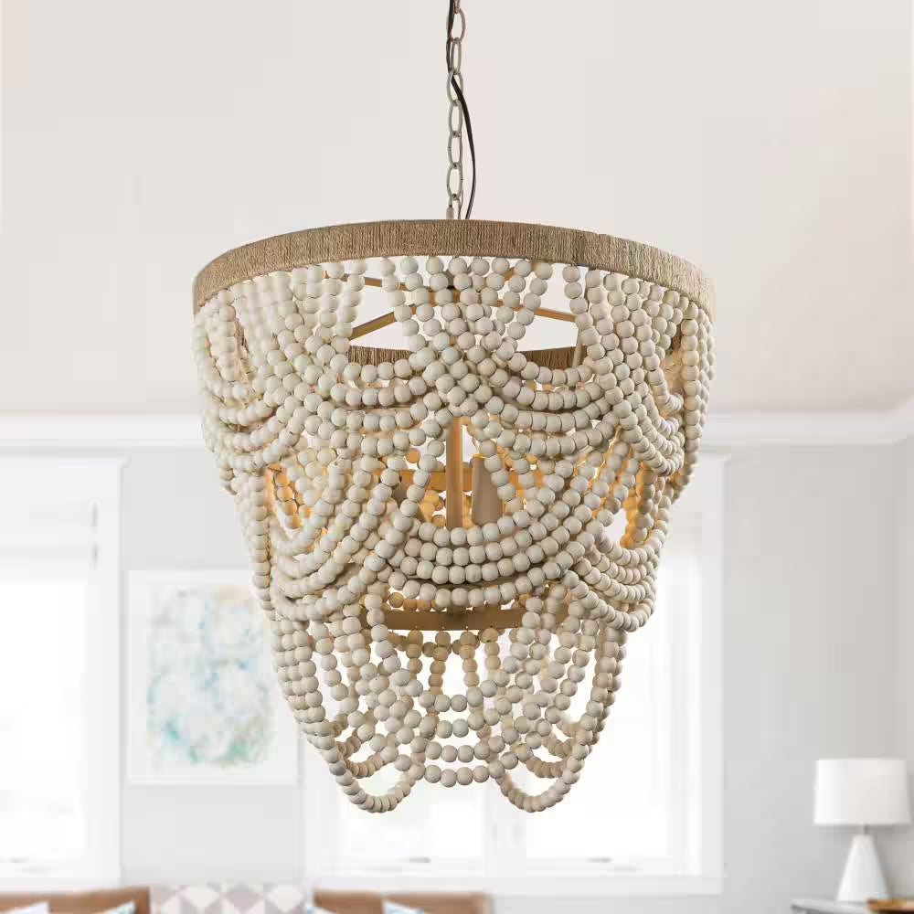 Modern Boho Dining Room Chandelier 4-Light Distressed White Island Chandelier with Wood Beads and Rope