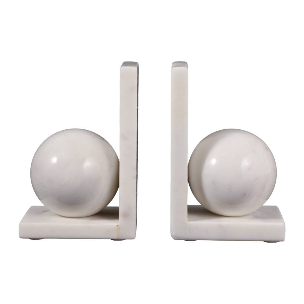 Bookends Set of 2 - White Marble Modern Orb, 6 in.