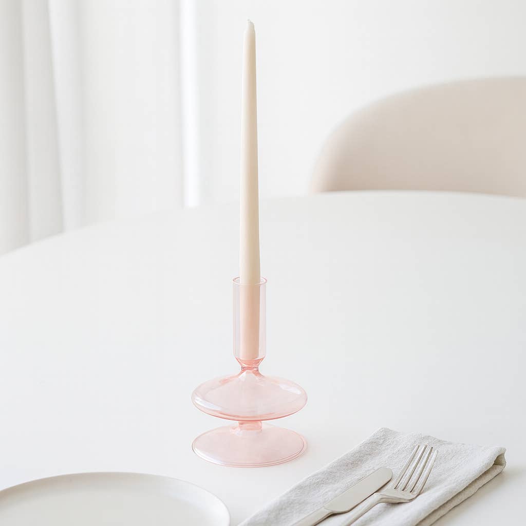 Glass Vintage Bubble Taper Candle Holder - Pink 5 in.